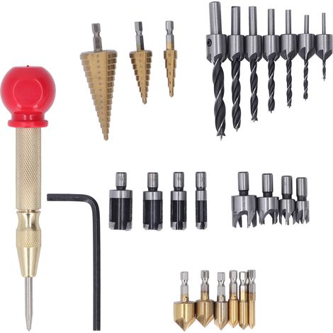 26 Pièces Outillage Menuiserie Fraise à Bois Foret à Chanfreiner L Wrench Cutter Bouchon Mèche Étagée Pointe Centre Automatique (1/5)