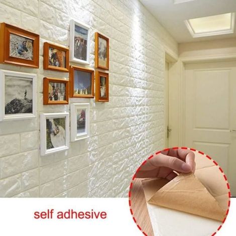 Stickers Muraux Brique 3D, 10pcs 35×38.5cm 3D Brique de Pierre Brique Fond d'écran Décoradif Imperméable, Blanc (1/4)
