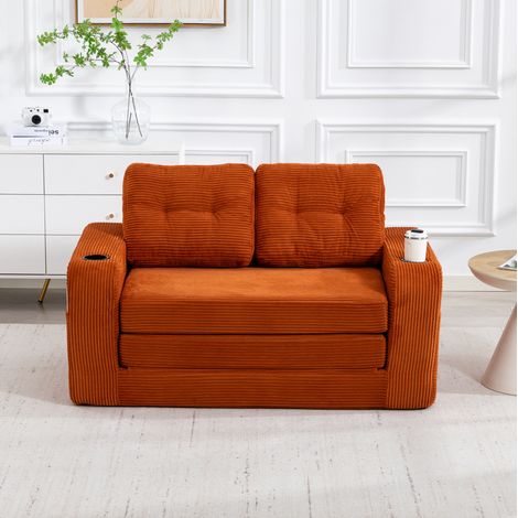 Divano modulare 136x80x82.5 cm arancione in velluto a coste con portabicchieri e tasche laterali (1/5)