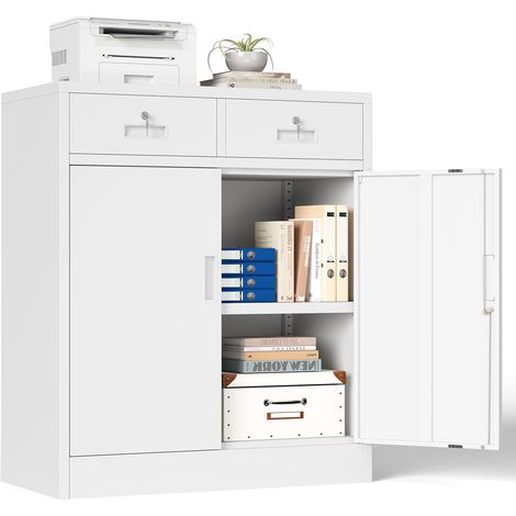 Armoire de Rangement en Métal Blanc 90x80x40cm, Verrouillable à 2 Portes avec 2 tiroirs (1/5)
