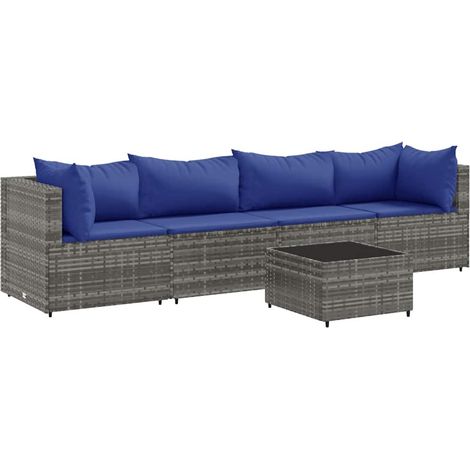 5-tlg. Garten-Lounge-Set mit Kissen Grau Poly Rattan vidaXL (1/5)