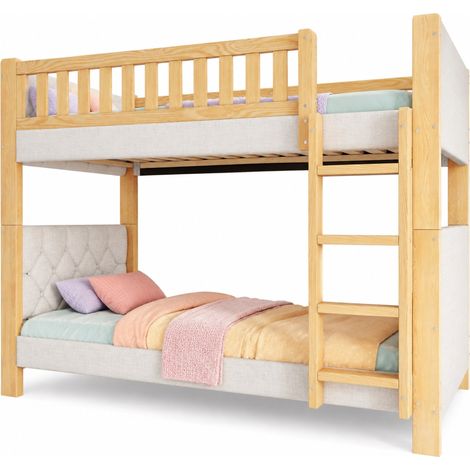 Lit superposé enfant 90x200 cm gris et bois, avec escalier droit 4 marches, barrières de sécurité et coins anti-choc pour chambre d'enfant - CHICFURN (1/5)