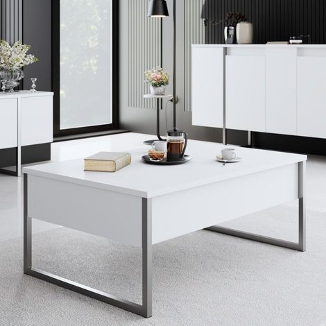 Rechteckig Couchtisch Weißer Luxus 90x60 – Silberner Rahmen
