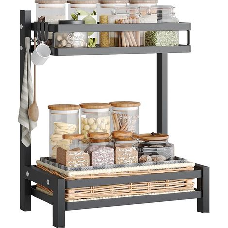 Étagère à Épices Antirouille à 2 Niveaux pour Rangement de Cuisine, Porte-épices, Organisateur de Cuisine pour Comptoir avec Crochets, Noir, 32 20 40cm (1/5)