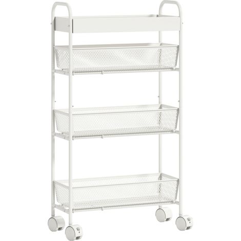 Chariot de rangement 4 niveaux avec tiroirs coulissants, desserte roulante blanche, panier haut 19x43,2x80 cm, meuble à roulettes pour cuisine (1/5)