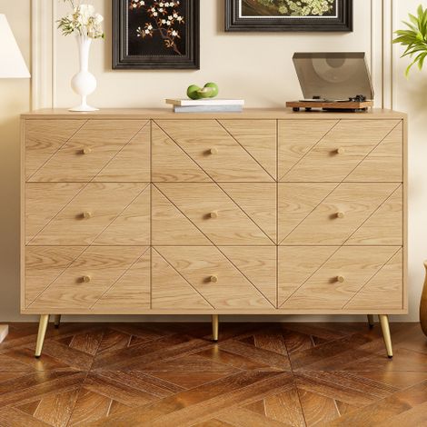 Commode à 9 tiroirs avec pieds en fer, motifs géométriques et boutons pratiques, en bois, 120x39x80 cm (1/5)