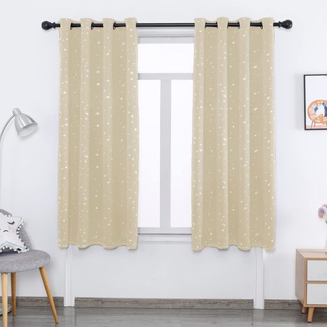 LEDANDER Rideaux pour enfants en 2 pièces, isolants thermiques, étoiles scintillantes argentées, trous en métal léger d'un seul côté, 132213CM, beige (1/5)