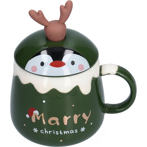 Tasse Céramique 450ml Élan Mignon Noël avec Couvercle et Cuillère, Mug à Café Vert pour Bureau