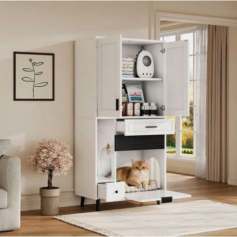 Meuble de rangement pour chat 80x40x161 cm blanc en bois d’ingénierie avec étagères réglables et niche (1/5)