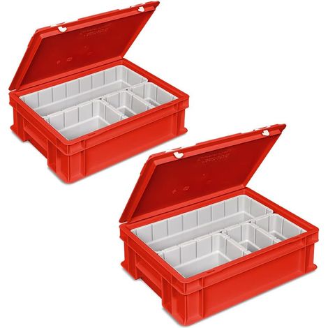 BRB 2x Euro-Deckelbehälter mit 4 Einsatzkästen 1x 1/2, 1x 1/4, 2x 1/8, LxBxH 400x300x130 mm, rot (1/3)
