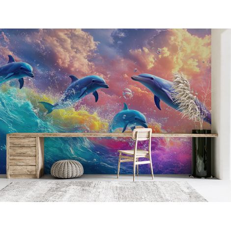 Papier peint animaux - dauphins jouant dans des vagues multicolores - 150 x 250 cm (1/2)