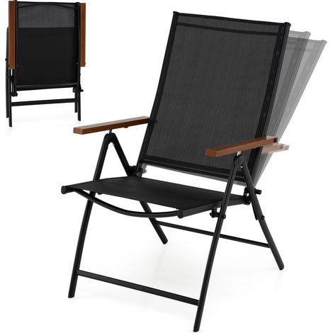 Lot de 2 Chaises de Jardin Extérieures, Chaise Pliante avec Dossier Ajustable à 5 Positions, Accoudoirs, Cadre en Métal, pour Jardin, Balcon, Noir (1/5)