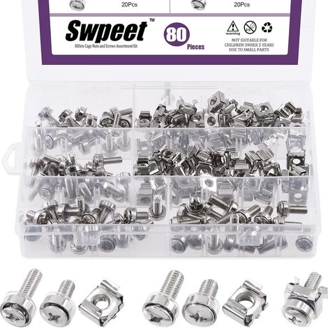 Lot de 80 écrous et vis de cage M5 M6 de 4 tailles avec rondelles en métal et plastique, kit d'assortiment de pièces à trou carré, écrous de cage et vis de montage pour rack (1/5)