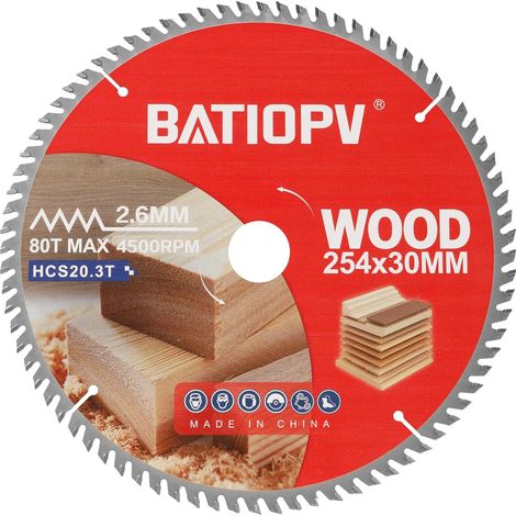 Lame de scie circulaire 254 x 30 mm (80 dents) pour bois, panneaux de particules, contreplaqué, bois dur, etc. Compatible avec 254 x 30 mm (1/5)