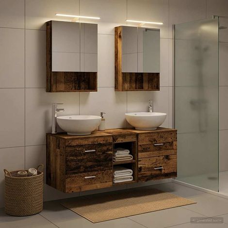 Ensemble mobilier salle de bain mural 5 pièces bois ancien avec LED USB miroir double face lavabo robinet grand rangement (1/5)