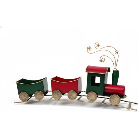 Trenino Natalizio Decorativo in Metallo Rosso e Verde con Finiture Dorate – 60 cm – Addobbo di Natale da Tavolo – Decorazione Natalizia per Casa, Vetrina o Ufficio