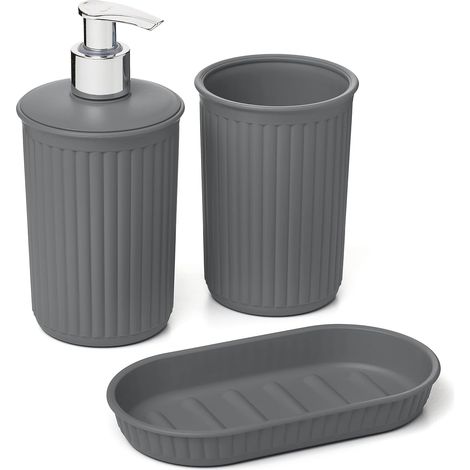 3 Pièces - Ensemble Salle De Bain - Gobelet Distributeur Porte-Savon - Design Moderne Plastique Sans Bpa - Pour Comptoir Lavabo - Gris Anthracite - Divers Tailles