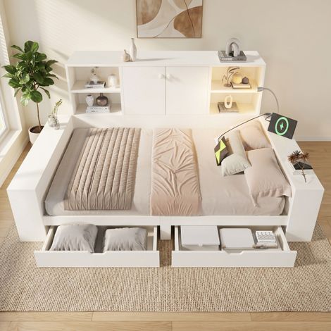 Lit coffre blanc 140x200 – Tiroirs + rangement – Portes doubles – USB/USB-C – Gain de place – Sans matelas (1/5)