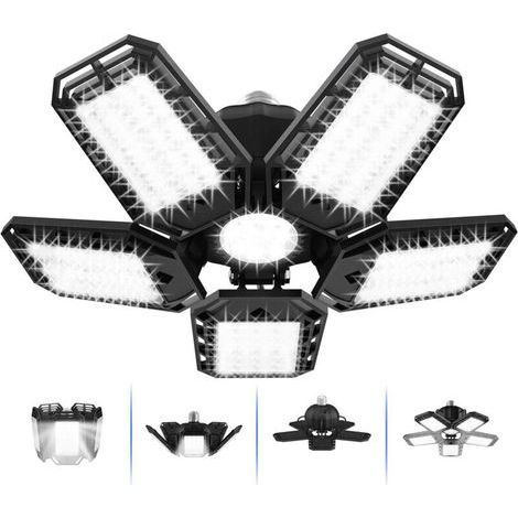 LED garage lights, LED shop ceiling light, 6500K screw-in LED light with 5+1 flexible panels, for workshop basement, E27