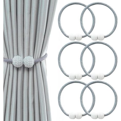KLVGTIFS PU - Lot de 6 pinces magnétiques pour rideaux, attaches pour cordon, supports de rideaux décoratifs en corde tressée, gris, pour la maison et le bureau (1/5)