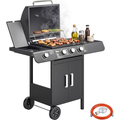 Barbecue a gaz avec couvercle 4 bruleurs 11,6 kW avec tablette et roues noir
