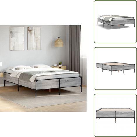 Bettgestell Grau Sonoma 140x200 cm Holzwerkstoff und Metall - Holzbettwäsche - Lattenrost - Doppelbett - Boxspringbett - Bettrahmen (1/5)