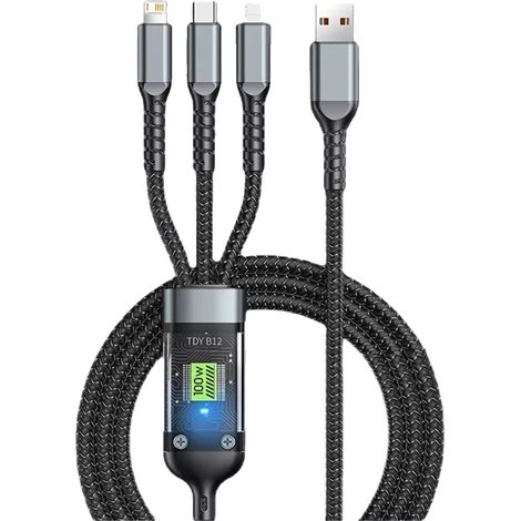 Cavo di ricarica USB, connettore 3 in 1, supporto per ricarica rapida, nero (1/2)