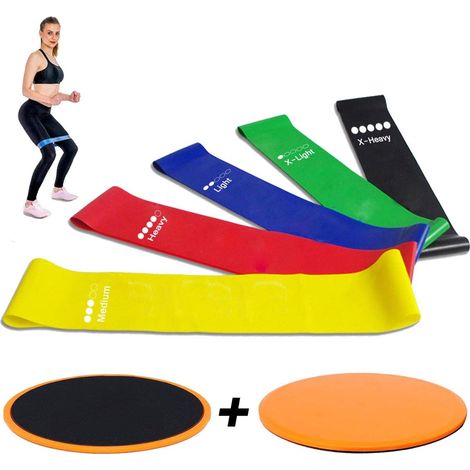 Fitnessbänder 5er Set Premium Latex Widerstandsbänder Gymnastikbänder Loop Bänder mit Doppelseitig Core Sliders, Ideal für Beine, Yoga, Pilates, Workout, Rehabilitation, Krafttraining (1/5)