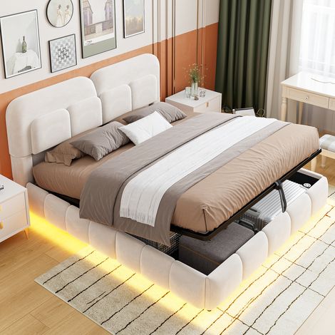 Lit coffre rembourré 140x200 cm Lit double avec rangement hydraulique, LED multicolore, tête de lit volumineuse, sommier, velours, beige (1/5)