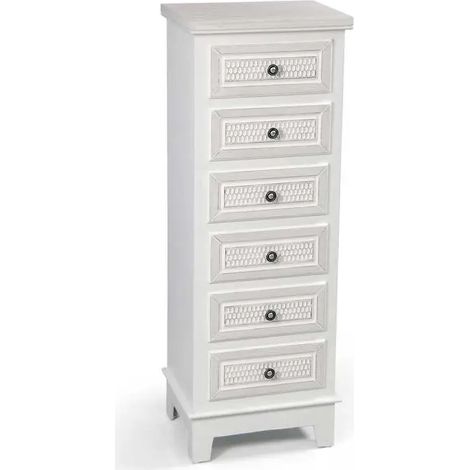 Commode verticale élégante 40 x 30 x 112 cm en bois massif et MDF, 6 tiroirs, blanc décapé et finition bois spazzolato