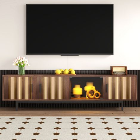Meuble TV 200 cm Bois Noyer avec Porte en Verre Trempé, Éclairage LED RGB App, Façades Cannelées à Lattes, Console TV pour Salon Grand Format Mid-Century Moderne (1/5)