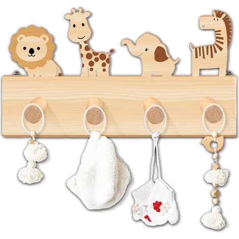 Porte-manteau en bois pour enfant avec 4 crochets, 40 x 25 cm, porte-manteaux en bois, porte-manteau mural avec motifs animaux, crochet pour enfants pour décoration de chambre d'enfant (1/5)
