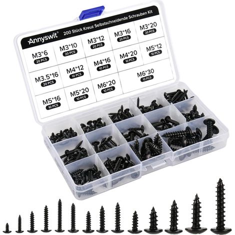 200 Pièces Croisée Autotaraudeuse Set, M3-M6 Petite Noire, Acier au Carbone Vis Tête Plate, Vis à Bois pour Meubles (1/5)