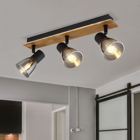 Deckenlampe 3 flammig schwarz Deckenleuchte Holz Schlafzimmerlampe, 3-schwenkbare Strahler, Metall Glas, schwarz rauch, 3x E14 Fassungen, LxBxH 40x7x15,5 cm