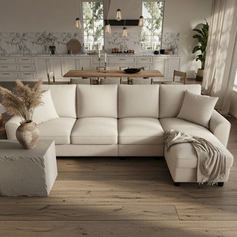 Canapé trois places en L, avec espace de rangement rabattable, dossier rabattable avec porte-verres, en chenille,beige (1/5)