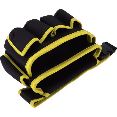 Ceinture porte-outils électrique ajustable avec poches multiples, bordure jaune, pour professionnels et bricoleurs. (1/5)