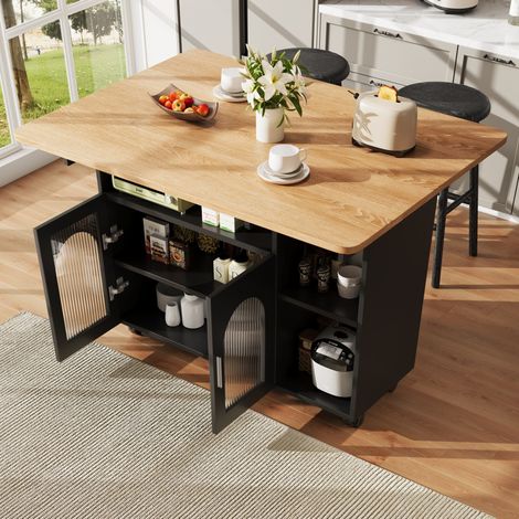 Carrello da cucina su ruote 120x30x79,5 cm, con vassoio ribaltabile e vani portaoggetti, in MDF e vetro, nero (1/5)