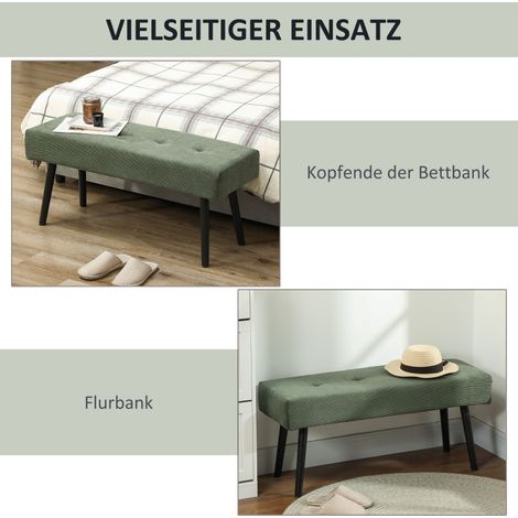 Banquette rembourrée en velours côtelé, banc capitonné à pieds métalliques, banc à chaussures d'entrée pour chambre, salon, couloir 100 x 36 x 45 cm vert (1/5)