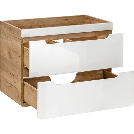 Waschtischunterschrank 80 cm OHNE Becken LUTON-56, Hochglanz weiß mit Wotan Eiche Nb., B/H/T ca. 80/59/46 cm (1/5)