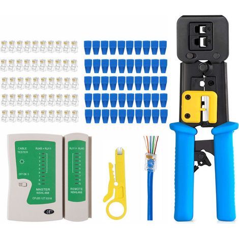 Testeur de câble + outil à sertir RJ45 pour passer à travers CAT6 Cat5e Cat5 Outil à sertir pour RJ45/RJ11 standard, 50 connecteurs CAT5 CAT5e (1/5)