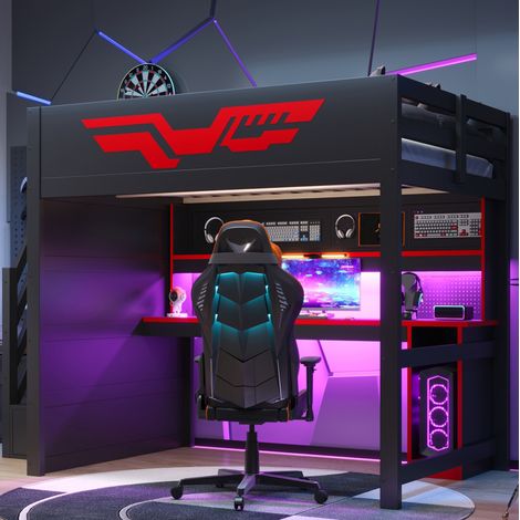 Cama alta 140x200 cm con escritorio gaming, escalera con 4 compartimentos, LED de 7 colores y USB, negra y roja – CHICFURN para dormitorio juvenil moderno (1/5)