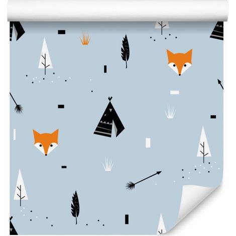 Papel pintado de zorros con tiendas tipi para salón y dormitorio, 50x1000 cm. (1/5)