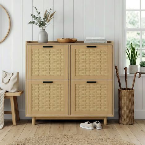 Meuble à Chaussures en Bois Massif et Rotin Cannage, Armoire de Rangement 4 Portes Abattantes avec Étagère, Poignées Métal Noir, Gain de Place 100x24x95 cm - Naturel