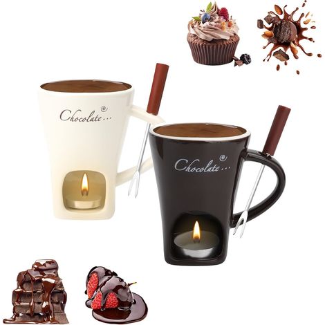 Lot de 2 tasses à fondue au chocolat, en céramique, 130 ml, avec photophore et fourchettes, pour fondue au chocolat, fromage, beurre (1/5)