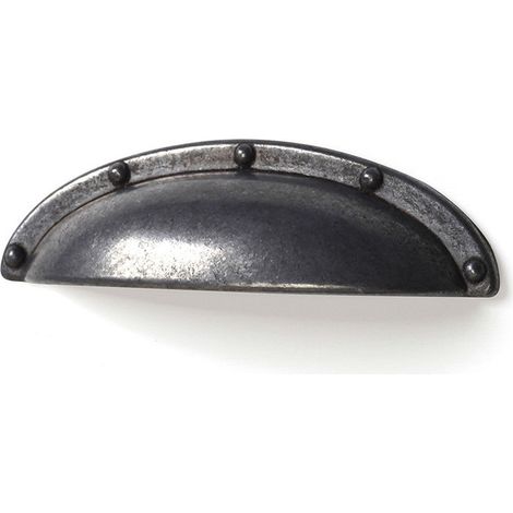 Blister mit 4 altsilbernen Zamak-Möbelgriffen in Muschelform, Mod. 2004, Interpoints 64 mm REI