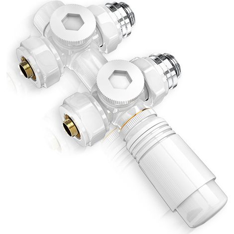 S'Afielina – Thermostat de radiateur multibloc – Raccord central 50mm – Filetage G 1/2' – Pression max 10 bar – Température max 120°C – Laiton blanc