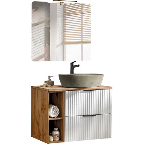 Badezimmer Waschplatz Set, 80cm Waschtisch + Spiegel mit Beleuchtung, weiß mit gerillter Front und Eiche Nb., ADELAIDE-56-WHITE (1/5)