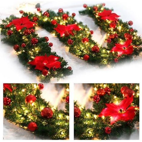 Guirlande sapin artificiel de Noël, avec LED+Boules de Noël rouge+ fleur rouge 2,7m pour décoration Noël exterieur intérieure (1/4)