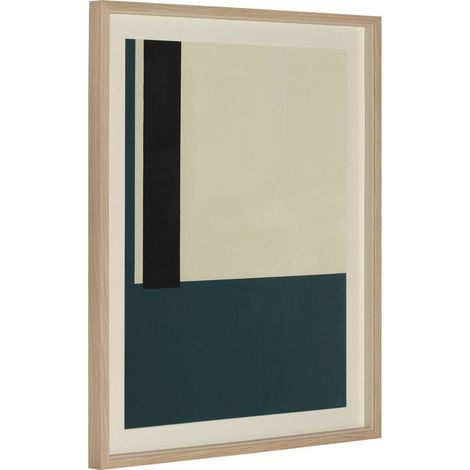Toile encadrée abstraite vert océan - blanc, vert océan, noir et bois naturel (1/4)