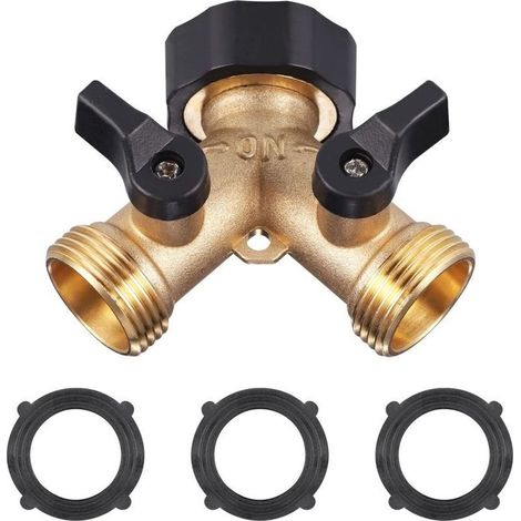 Robinet Double Machine a Laver, Répartiteur Raccord Robinet Tuyau d'Arrosage en Y 2 Voies pour Tuyaux d'Alimentation 3/4, Robinet Double Sortie pour Robinet Jardin,Adaptateur Robinet ,3 x anneaux d'ét (1/4)